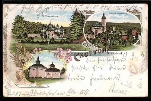 Lithographie Crottorf /Rheinland, Schloss Wildenburg, Mausoleum, Schloss Crottorf