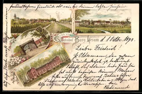 Lithographie Lesum, Bahnhof Burg Lesum, Lesum-Brücke, Burgdamm, Ortsansicht mit Bahnstrecke