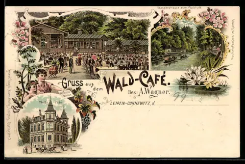 Lithographie Leipzig-Connewitz, Wald-Cafe von A. Wagner