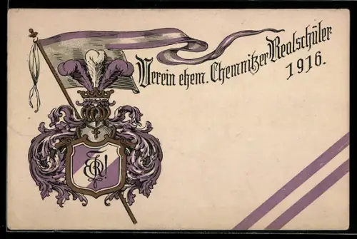 Künstler-AK Chemnitz, Verein ehemaliger Chemnitzer Realschüler 1916, Ritterhelm und Wappen, Absolvia
