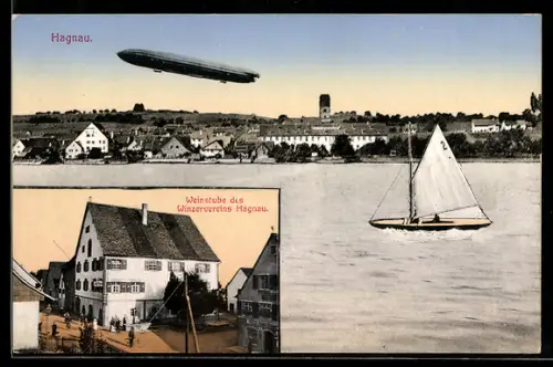 AK Hagnau, Ortsansicht mit Zeppelin und Segelboot, Weinstube des Winzervereins