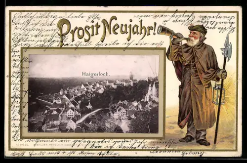 Passepartout-Lithographie Haigerloch, Teilansicht, Nachtwächter mit Horn, Neujahrsgruss