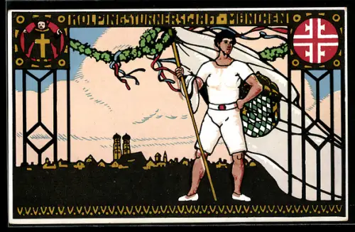 Künstler-AK München, Kolpingsturnerschaft, Turner mit Fahne, Münchner Kindl