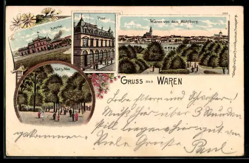 Lithographie Waren, Kietz-Allee, Bahnhof, Post