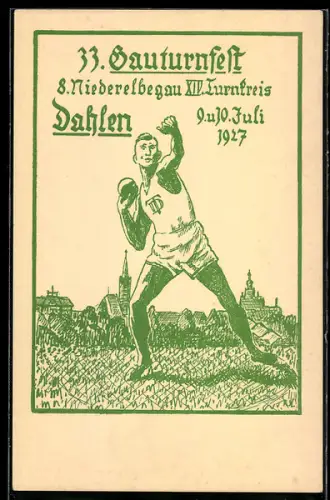 AK Dahlen, 33. Gauturnfest Juli 1927, 8. Niederelbgau, XIV. Turnkreis, Turner beim Kugelstossen