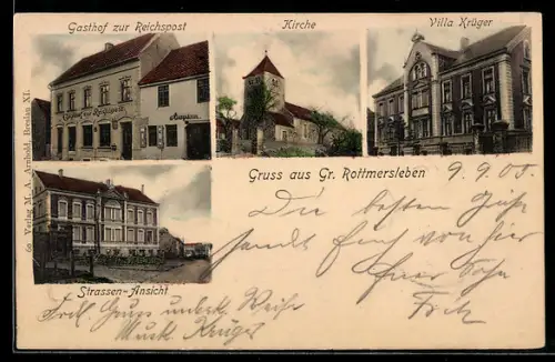 AK Gr. Rottmersleben, Gasthof zur Reichspost, Kirche, Villa Krüger und Strassenpartie