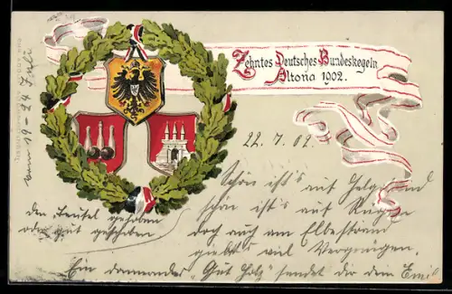 AK Hamburg-Altona, 10. Deutsches Bundeskegeln 1902, Wappen