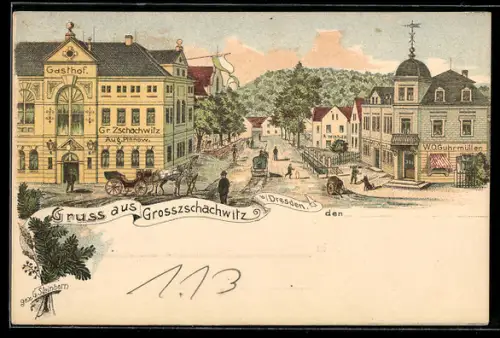 Lithographie Grosszschachwitz b. Dresden, Strasse mit Gasthof von Aug. Pinnow und Geschäft von W. O. Guhrmüller