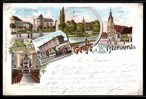 Lithographie Elsterwerda, Denkmalsplatz, Kirche, Bahnhof B. D.