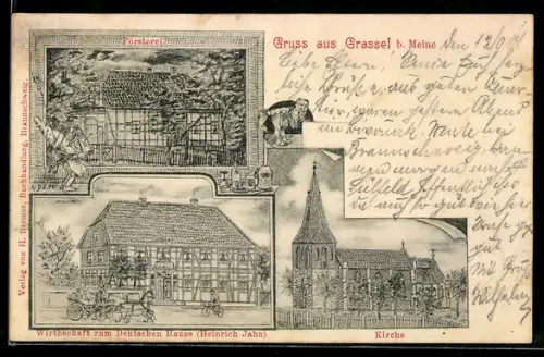 AK Grassel b. Meine, Gasthaus zum Deutschen Haus, Försterei, Kirche