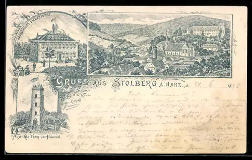 Lithographie Stolberg /Harz, Jagdschloss Eichenforst, Aussichtsturm am Hunrod, Gesamtansicht