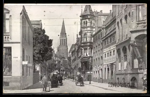 AK Kiel, Hafen-Strasse mit Blick zum Rathaus