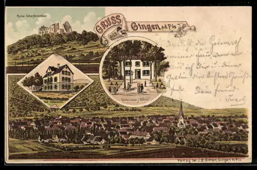 Lithographie Gingen, Restaurant zum Bahnhof, Ruine Scharfenschloss, Totalansicht