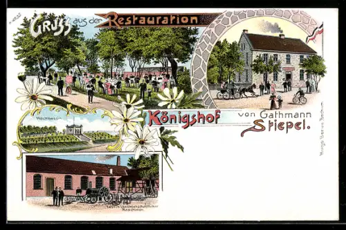 Lithographie Bochum, Restaurant Königshof v. G. Stiepel, Hochbassin, Fabrik landwirtschaftlicher Maschinen