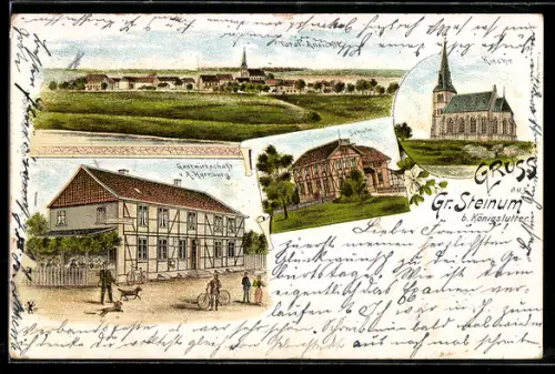 Lithographie Gr. Stenum, Gastwirtschaft A. Hornburg, Schule, Totalansicht