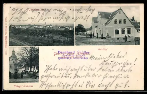 AK Quenstedt b. Aschersleben, Gasthof zum Arnstein, Kriegerdenkmal, Totalansicht