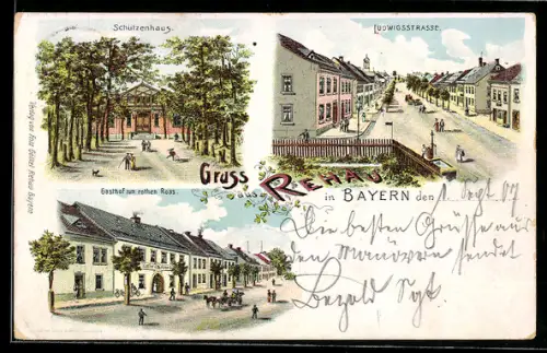 Lithographie Rehau i. B., Gasthof zum rothen Ross, Ludwigsstrasse