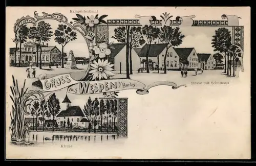 AK Wespen b. Barby, Strassenpartie mit Schulhaus, Kriegerdenkmal, Kirche
