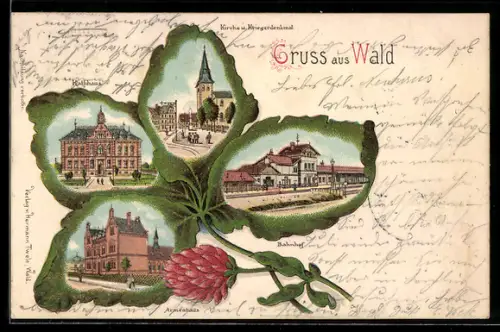 Passepartout-Lithographie Wald / Solingen, Bahnhof, Armenhaus, Rathaus, Kleeblatt