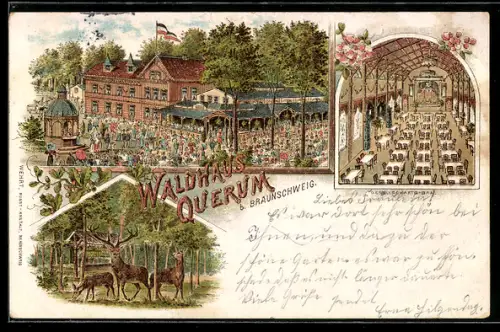 Lithographie Braunschweig, Gasthaus Waldhaus Querum mit Ausserngastronomie und Gesellschafts-Saal