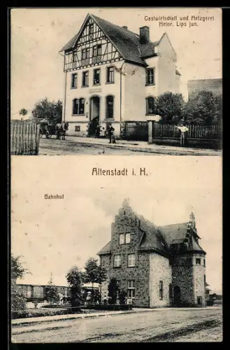 AK Altenstadt i. H., Gasthaus und Metzgerei von Heinrich Lips Jr., Bahnhof