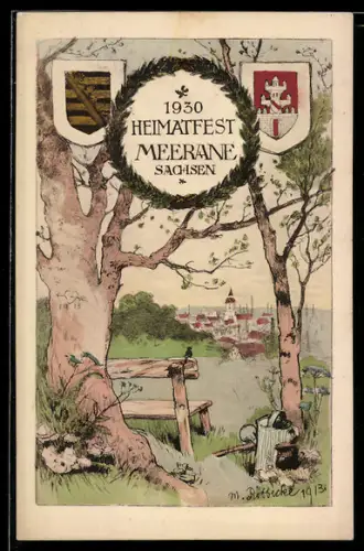 Künstler-AK Meerane, Heimatfest 1930, Abgelegene Bank mit Blick auf den Ort, Wappen