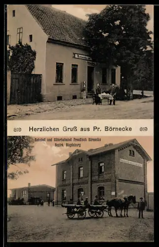 AK Pr. Börnecke, Restaurant, Bahnhof und Güterbahnhof