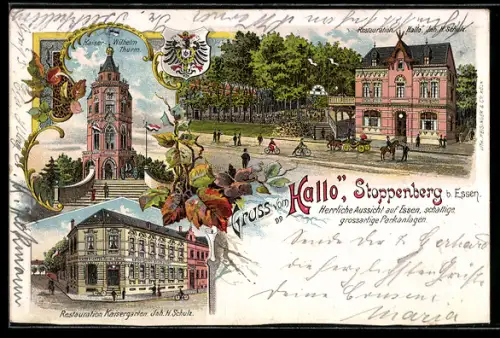 Lithographie Stoppenberg b. Essen, Restaurant Hallo, Restaurant Kaisergarten, Inh. H. Schulz, Kaiser Wilhelm-Turm