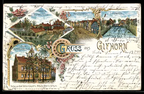 Lithographie Gifhorn, Glasfabrik W. Limberg, Hauptstrasse, Sandmühle, Schule u. Präparanden-Anstalt