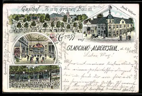 Lithographie Glauchau-Albertsthal, Gasthof zum grünen Baum, Bes. G. Völkner