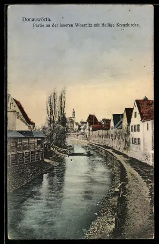 AK Donauwörth, Partie an der inneren Woernitz, Heilige Kreuzkirche