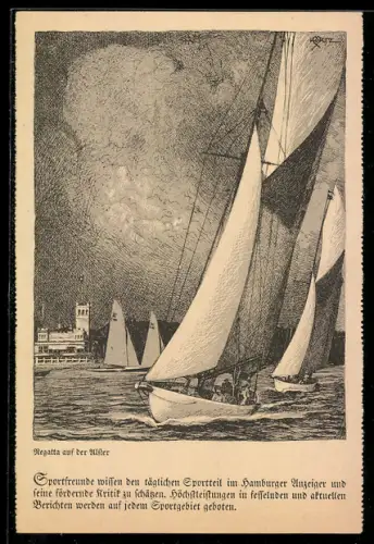 Künstler-Lithographie Hamburg, Regatta auf der Alster, Uhlenhorster Fährhaus