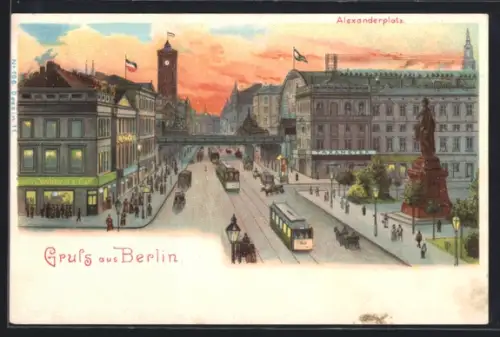 Lithographie Berlin, Alexanderplatz, Strassenbahn, Denkmal, Rotes Rathaus