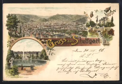 Lithographie Stuttgart, Gesamtansicht, K. Residenzschloss, Eugensbrunnen