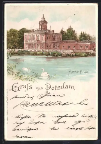 Lithographie Potsdam, Marmor-Palais, ansicht v. Wasser, Schwäne
