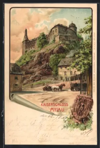 Lithographie Mylau, Kaiserschloss mit Fuhrwerken, Wappen