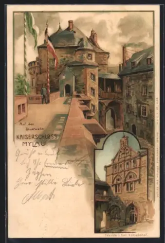 Lithographie Mylau, Kaiserschloss, Auf der Brustwehr, Schlosshoffassade