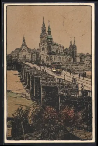 Steindruck-AK Dresden, Alte Augustusbrücke, Strassenbahn, Turmpanorama