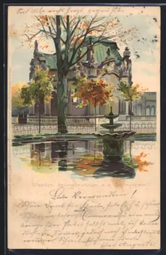 Lithographie Dresden, Springbrunnen a. d. Zwingerwall