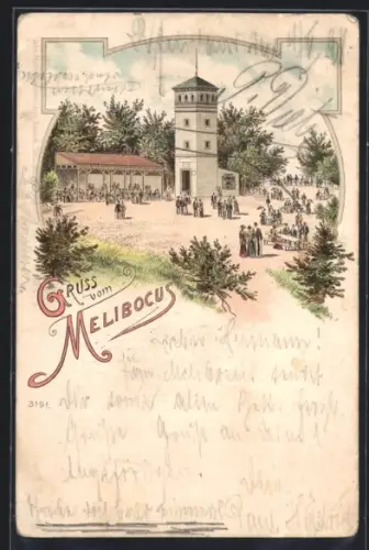 Lithographie Zwingenberg a. d. B., Melibocus, Aussichtsturm und Ausflugslokal