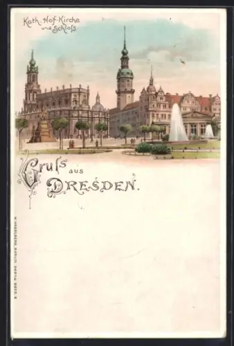 Lithographie Dresden, Kath. Hofkirche, Schloss, Springbrunnen