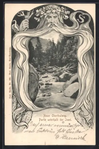 Künstler-AK Oker, Neuer Okerthalweg, Partie unterhalb der Insel, Wassermann-Passepartout, Jugendstil
