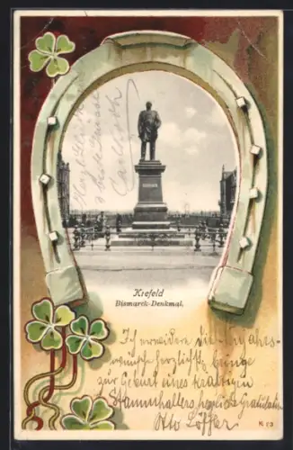 Lithographie Krefeld, Bismarck-Denkmal, Kleeblätter, Hufeisen-Passepartout