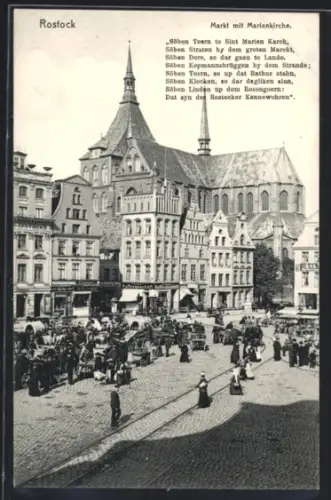 AK Rostock, Markt mit Marienkirche, Marktbetrieb, Gedicht