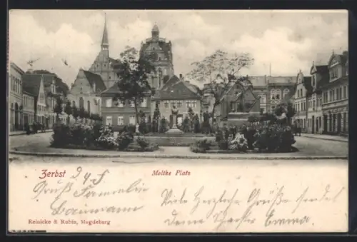 AK Zerbst, Moltke Platz, Panorama mit Denkmal, Kirche