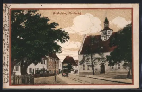 Künstler-AK Gross-Salze, Marktplatz mit Rathaus u. Strassenbahn