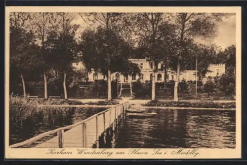AK Plau, Plauer See, Kurhaus Wendenburg, Bes. Fritz Wagner, Steg, Uferansicht