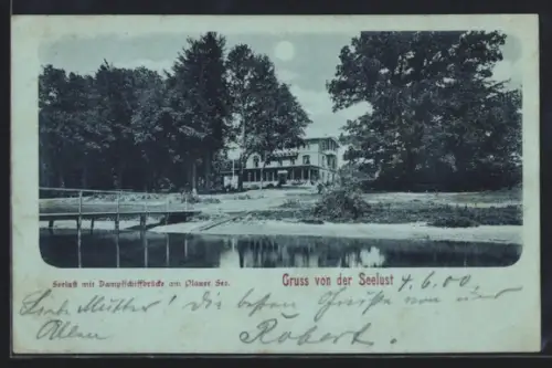 Mondschein-AK Plau am See, Gasthaus Seelust mit Dampfschiffbrücke am Plauer See