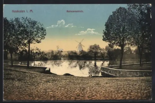 AK Neukalen i. M., Ratmannsteich, Partie mit Windmühle