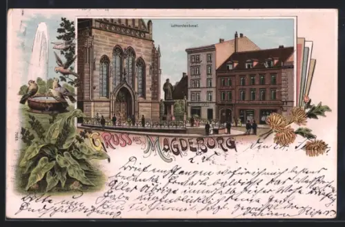 Lithographie Magdeburg, Lutherdenkmal, Tauben am Springbrunnen